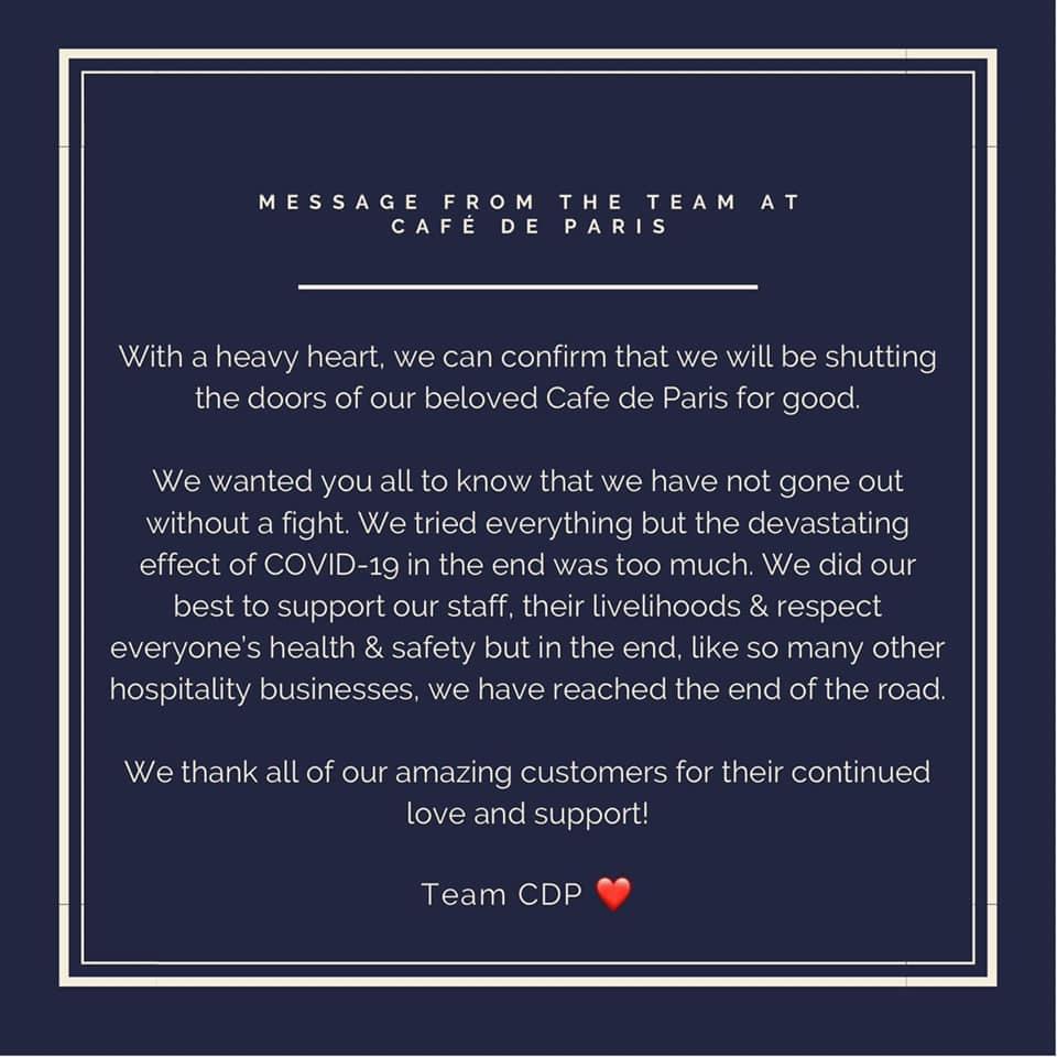 Cafe de Paris is to close its doors. Permanently.